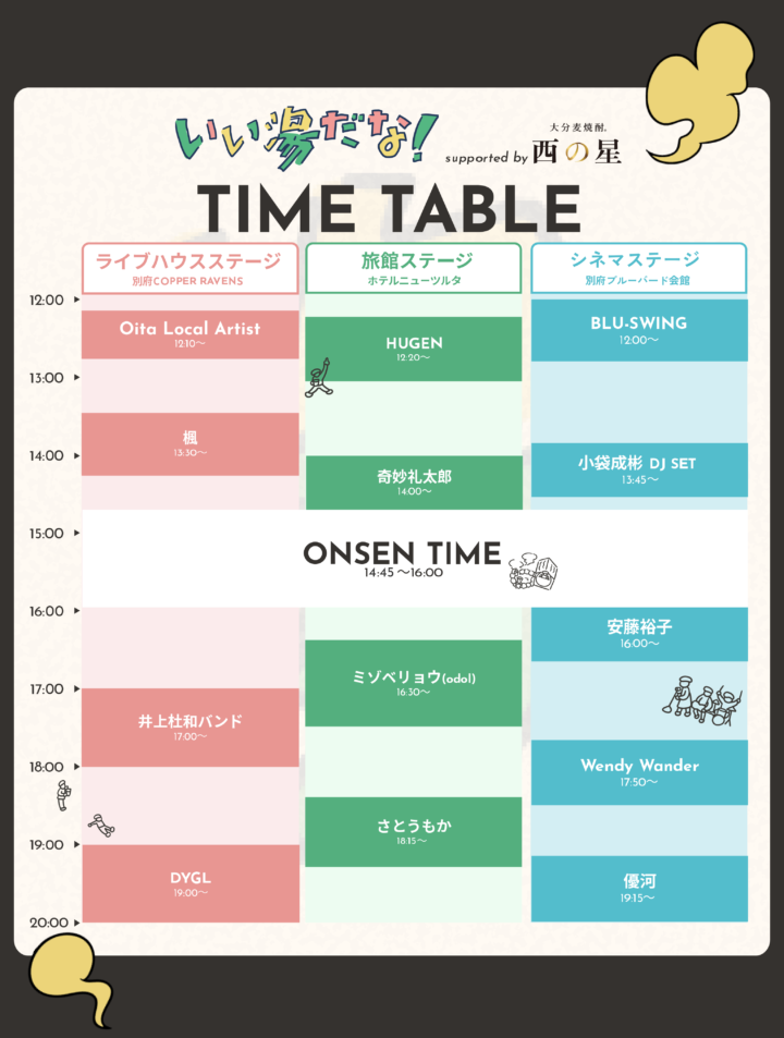 別府・おんせん都市型音楽祭「いい湯だな！」小袋成彬、さとうもか、奇妙礼太郎ら出演
